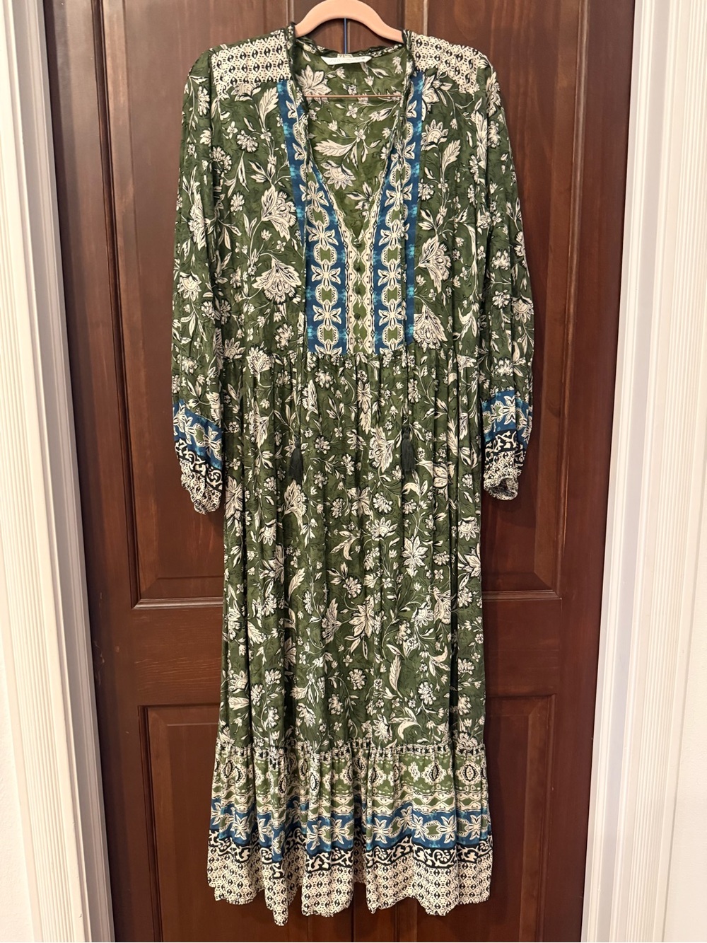 Zara Olive Green Floral Maxi Dress with Blue Trim